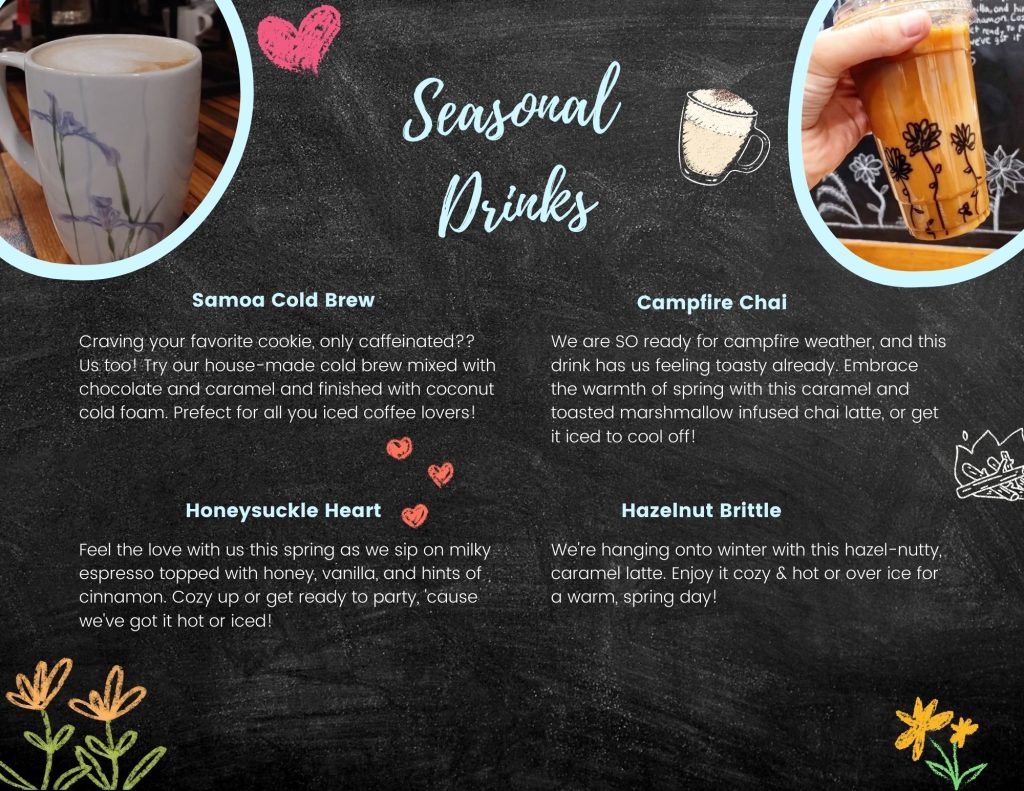 This image includes decorative images of coffee surrounding text describing Blue Sky Coffee's seasonal drinks