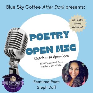 flyer image for blue sky's poetry open mic with image of featured poet: Steph duff