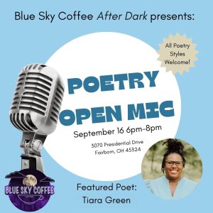 flyer for blue sky's poetry night with image of featured poet: tiara green