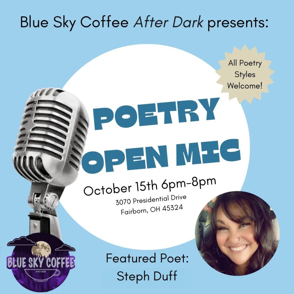 Flyer featuring an image of a microphone and featured poet, Steph duff's face.